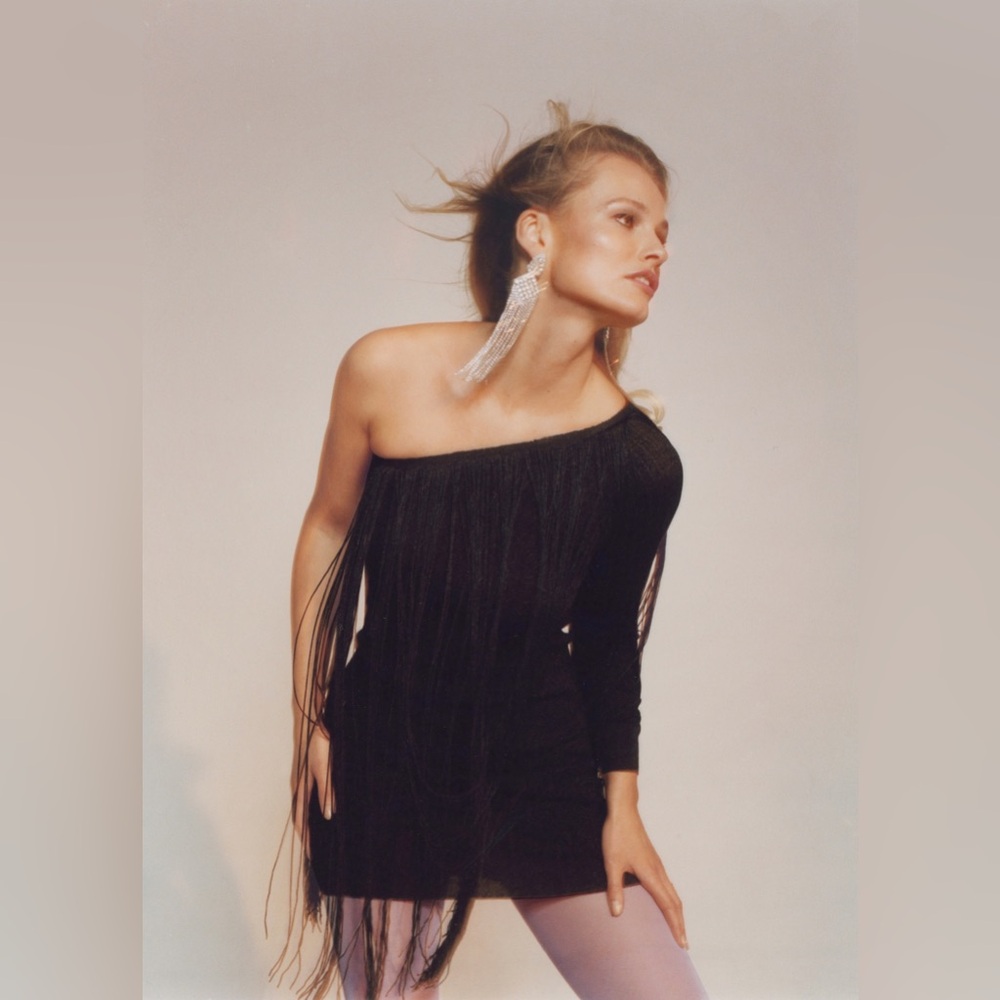 MANGO Asymmetrical dress with fringes NWT Small Black